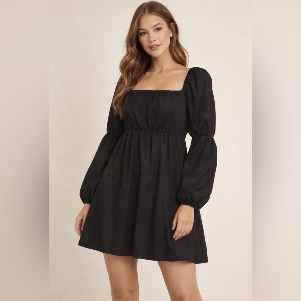 Exlura Black Puff‎ Sleeve Babydoll Dress Square Neck Long Sleeve L NWT